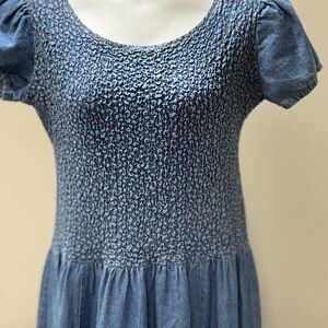 Vintage Clarissa Blue Smocked Denim Dress with Puff Sleeves Size 14